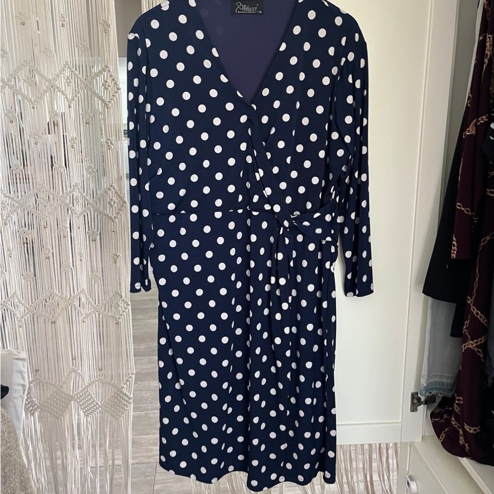 Navy Blue Wrap Dress with V-Neck and 3/4 Sleeves